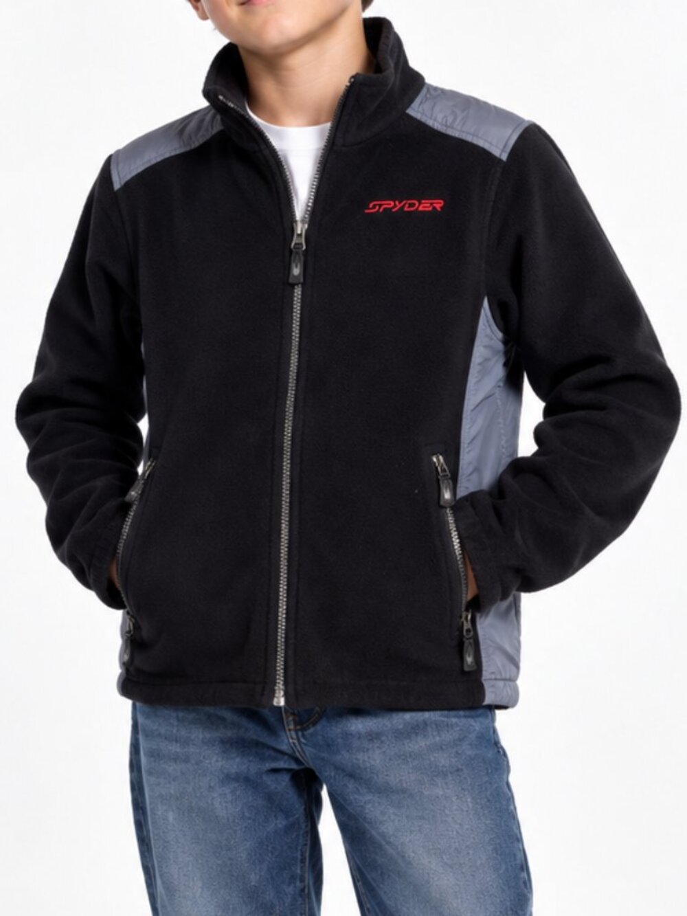 SPYDER Full Zip Fleece Jacket Gray Black Youth Large Boys